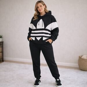 Vintage Adidas Large Trefoil Hoodie Black White Colorblock Large Pullover